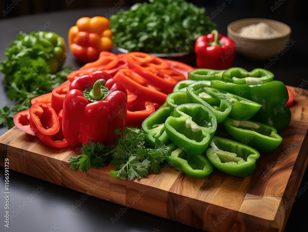 Fresh Red, Green, Yellow Bell Peppers and Parsley on Wooden Board Fresh Red, Green, Yellow Bell Peppers and Parsley on Wooden Board
