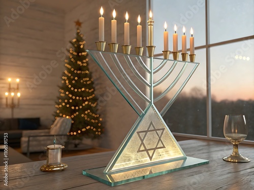 Modern menorah illuminated with candles beside a decorated Christmas tree during Hanukkah 2025 celebration. Generative AI photo