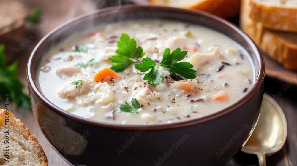 A comforting bowl of creamy chicken and wild rice soup garnished with chopped parsley and cracked black pepper, Chicken and wild rice soup served in a ceramic bowl with steam rising delicately A comforting bowl of creamy chicken and wild rice soup garnished with chopped parsley and cracked black pepper, Chicken and wild rice soup served in a ceramic bowl with steam rising delicately