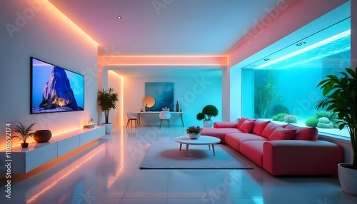 A minimalist futuristic smart home interior with glowing touchscreens on white walls photo