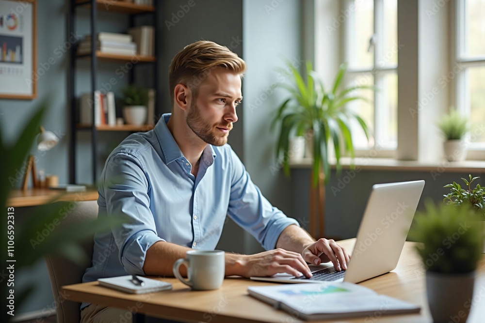 Focused professional man typing on his laptop in a bright home workspace surrounded by greenery Focused professional man typing on his laptop in a bright home workspace surrounded by greenery