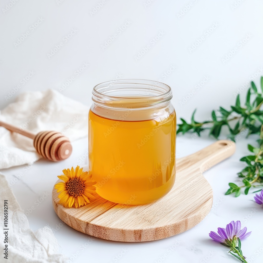A jar of golden honey sits on a wooden board, accompanied by a wooden honey dipper and vibrant flowers, creating a natural and inviting arrangement. A jar of golden honey sits on a wooden board, accompanied by a wooden honey dipper and vibrant flowers, creating a natural and inviting arrangement.