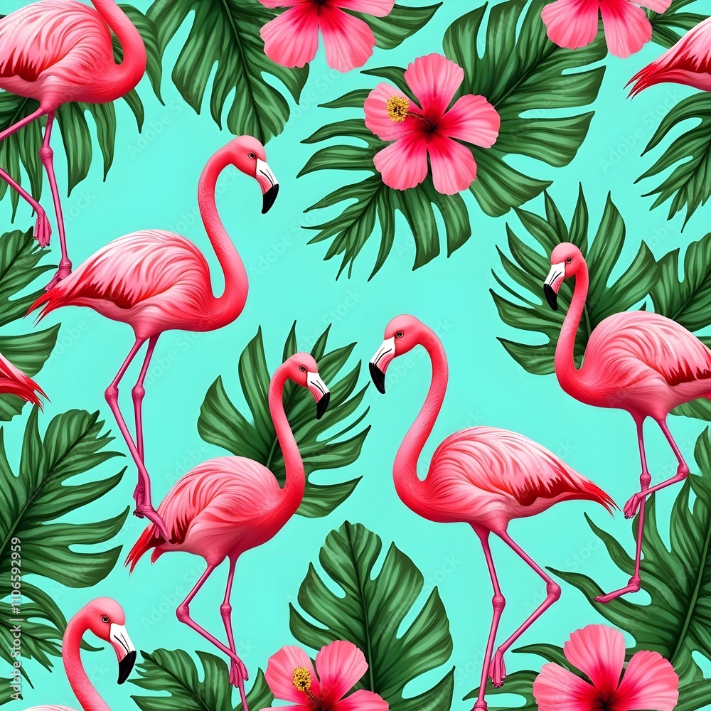 Obraz premium hawaiian shirt seamless pattern with tropical flora green leaves and pink flamingos. Generative ai 