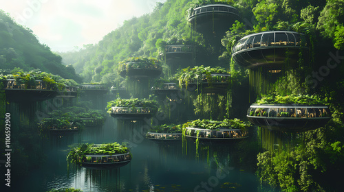 In a lush, verdant solarpunk landscape, cargo skygardens are floating modular habitats that carry living cargo. Solarpunk. Illustration photo