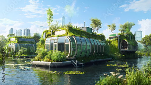 In a lush, verdant solarpunk landscape, cargo skygardens are floating modular habitats that carry living cargo. Solarpunk. Illustration photo