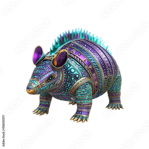 Ornate Armadillo Figurine Vibrant Teal, Purple, and Gold Design photo