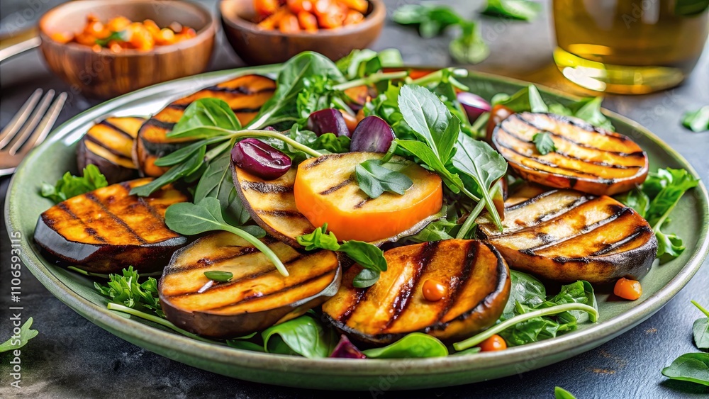 A vibrant salad with grilled eggplant slices, fresh leafy greens, and juicy fruit, a delightful medley of flavors and textures.
