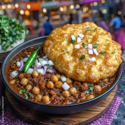 Delicious Chole Bhature Plate with Chickpeas in Rich Sauce Garnished with Onion and Green Chili in Vibrant Indian Street Food Market Setting