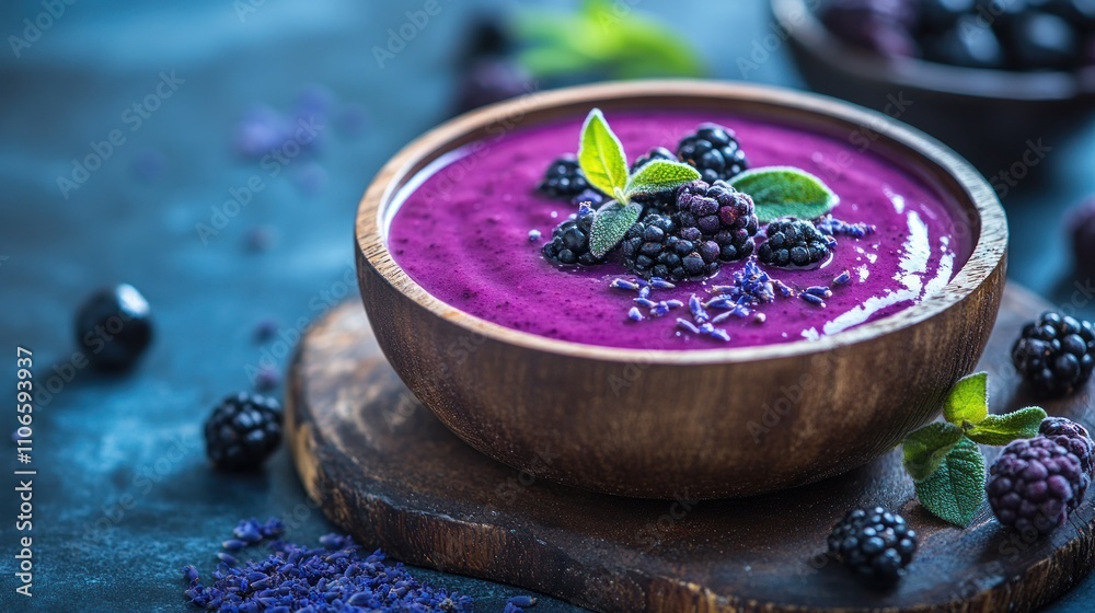 Lavender-infused berry soup served in a rustic wooden bowl, Lavender-infused berry soup served in a rustic wooden bowl,