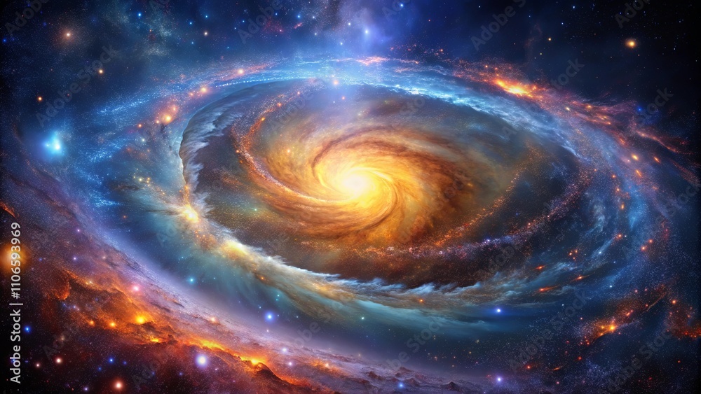 Obraz premium A cosmic swirl of celestial dust and light, with a glowing core and distant stars, creating a breathtaking celestial tapestry