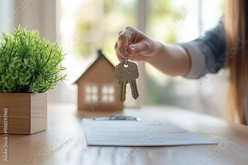 Hand Holding House Keys Over Mortgage Document with Mini House and Potted Plant in Background photo