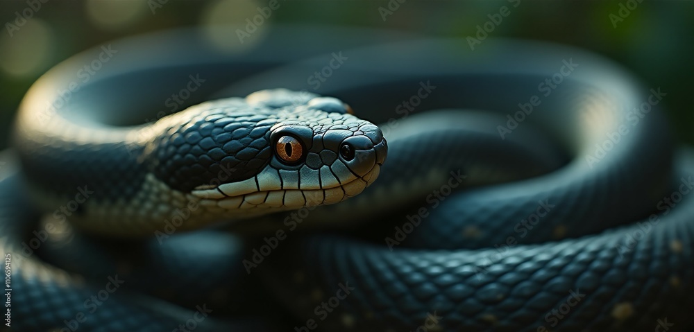 A captivating close-up of a snake, showcasing the intricate textures of its scales, sharp eyes, and graceful form, conveying its sleek beauty and natural elegance. A captivating close-up of a snake, showcasing the intricate textures of its scales, sharp eyes, and graceful form, conveying its sleek beauty and natural elegance.