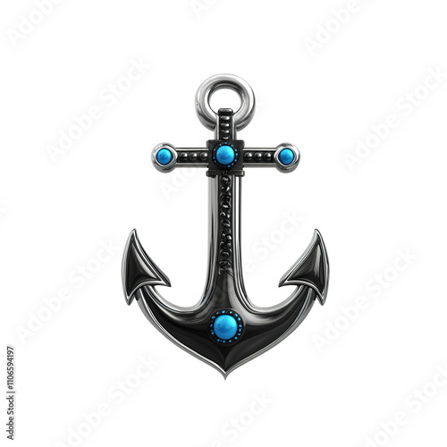 Ornate Black and Silver Anchor with Turquoise Gemstones - Nautical Jewelry Design Element photo