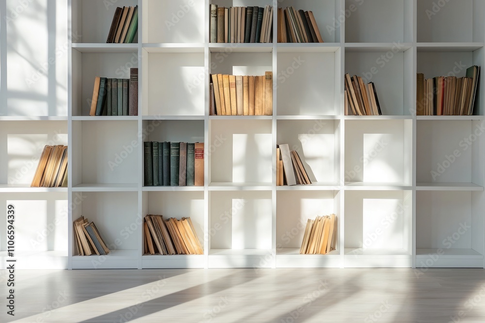 Empty and Organised Bookshelves with Sunlight Casting Shadows in a Modern Minimalist Room Interior Empty and Organised Bookshelves with Sunlight Casting Shadows in a Modern Minimalist Room Interior