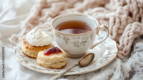 A cozy cup of Earl Grey tea accompanied by a plate of freshly baked scones with clotted cream and strawberry jam, Earl Grey tea served in a porcelain cup, Tea spoon resting on the saucer photo