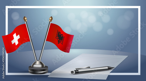 Switzerland and Albania Small national flag on bokeh background, cooperative relationship
