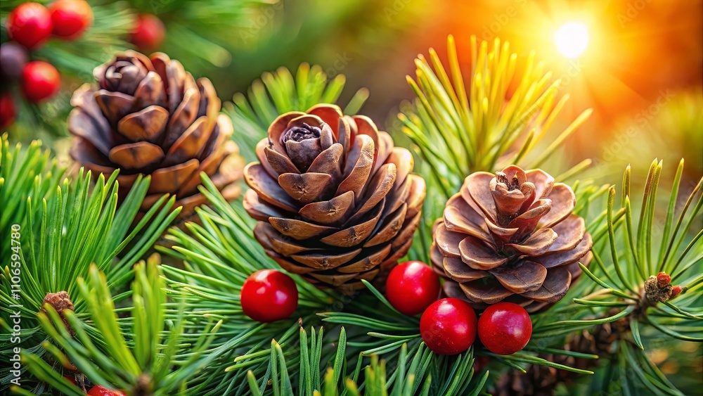 A vibrant evergreen branch adorned with three majestic pine cones, their brown scales glistening in the warm sunlight, nestled amongst delicate green needles and vibrant red berries. A vibrant evergreen branch adorned with three majestic pine cones, their brown scales glistening in the warm sunlight, nestled amongst delicate green needles and vibrant red berries.