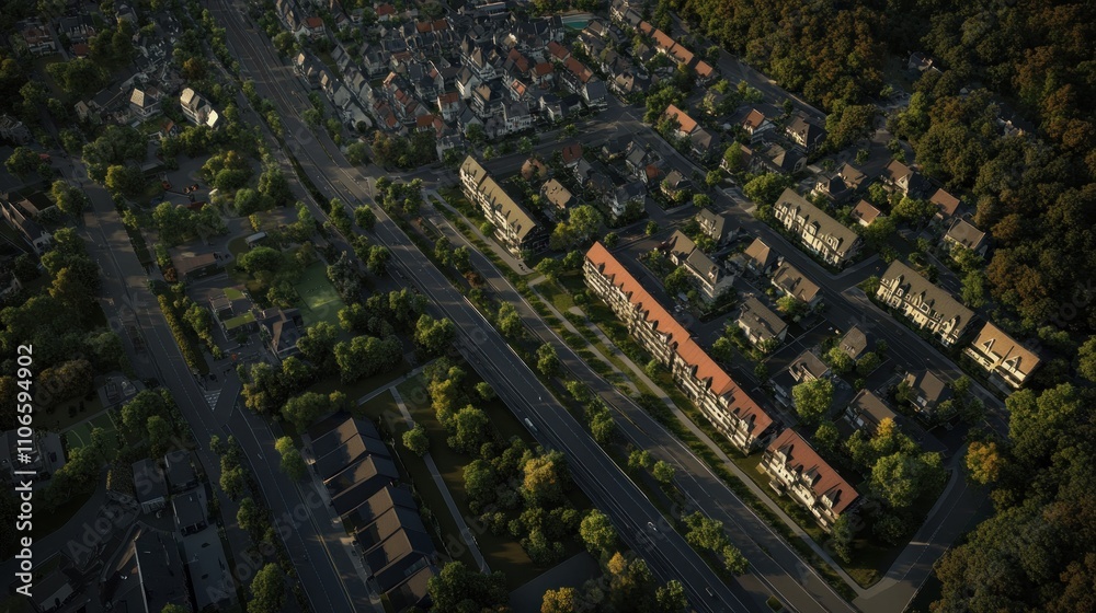Naklejka premium Aerial view of suburban neighborhood with houses, roads, and trees.