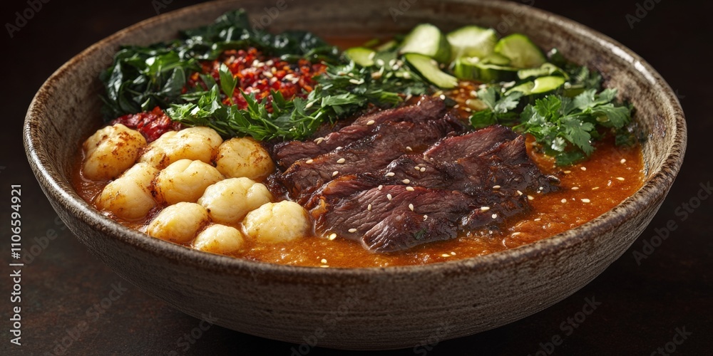 Delicious Asian Beef Noodle Soup with Bok Choy, Quail Eggs, Spinach, Fresh Herbs in Ceramic Bowl – Traditional Flavorful Ramen Dish Imagery Delicious Asian Beef Noodle Soup with Bok Choy, Quail Eggs, Spinach, Fresh Herbs in Ceramic Bowl – Traditional Flavorful Ramen Dish Imagery