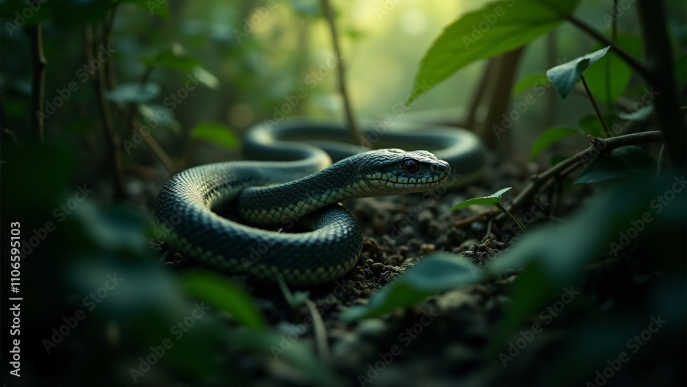 Obraz premium A serene yet mysterious scene of a snake in the wild, camouflaged within the natural greenery of the forest, emphasizing its stealth and connection with the environment.