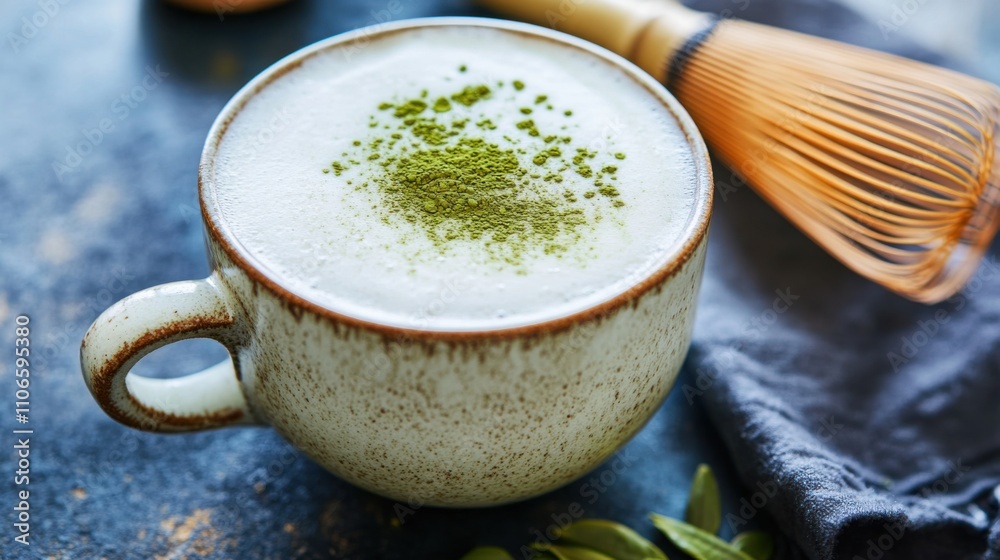 A cozy cup of matcha latte topped with frothy milk and a sprinkle of matcha powder, Matcha latte served in a ceramic mug, Bamboo whisk for stirring A cozy cup of matcha latte topped with frothy milk and a sprinkle of matcha powder, Matcha latte served in a ceramic mug, Bamboo whisk for stirring
