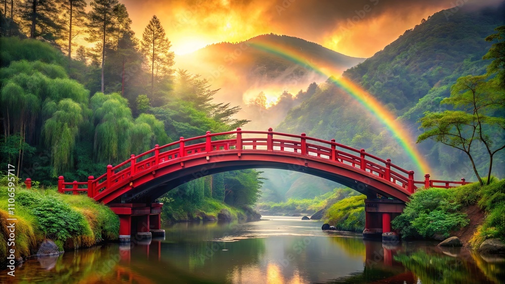 Obraz premium A crimson arch bridge spanning a tranquil river, bathed in the golden glow of sunrise, with a vibrant rainbow arcing across the misty hills.