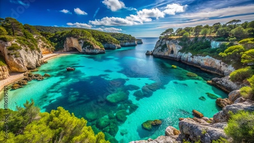 Breathtaking Cala Macarella in Menorca, Spain: Crystal Clear Waters and Lush Green Cliffs Perfect for Relaxation and Adventure, Ideal for Travel and Nature Enthusiasts