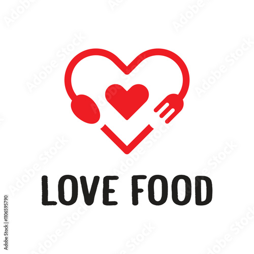 Love food logo design vector template with heart shape, spoon, and fork.