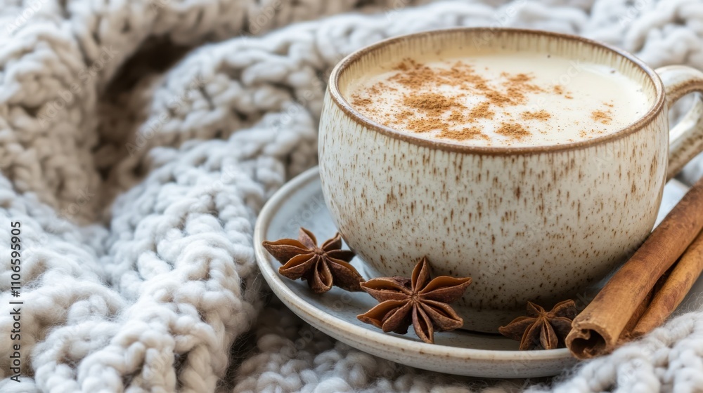 A cozy cup of spiced chai latte served with cinnamon sticks and star anise, Chai latte presented in a ceramic mug with a saucer, Warm knitted blanket in the background A cozy cup of spiced chai latte served with cinnamon sticks and star anise, Chai latte presented in a ceramic mug with a saucer, Warm knitted blanket in the background