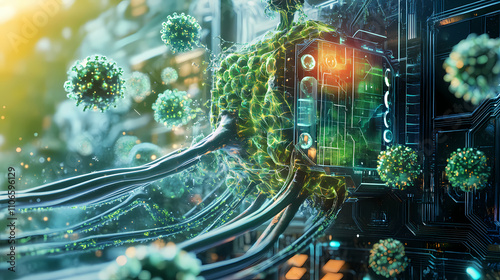 Sentient biocomputer with intricate bacterial colonies and iridescent biopolymer panels in a dynamic solarpunk cityscape. Solarpunk. Illustration