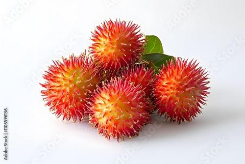 A cluster of spiky red fruits sits on a white background