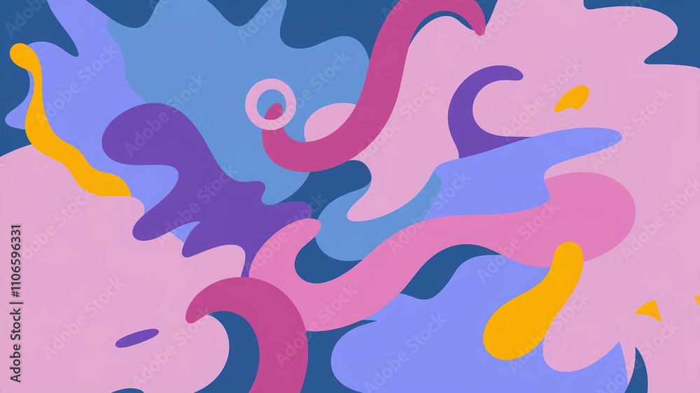 Abstract image featuring overlapping, amorphous shapes in shades of pink, purple, blue, and yellow on a dark blue background. The shapes are organic and fluid, creating a dynamic visual composition. Abstract image featuring overlapping, amorphous shapes in shades of pink, purple, blue, and yellow on a dark blue background. The shapes are organic and fluid, creating a dynamic visual composition.