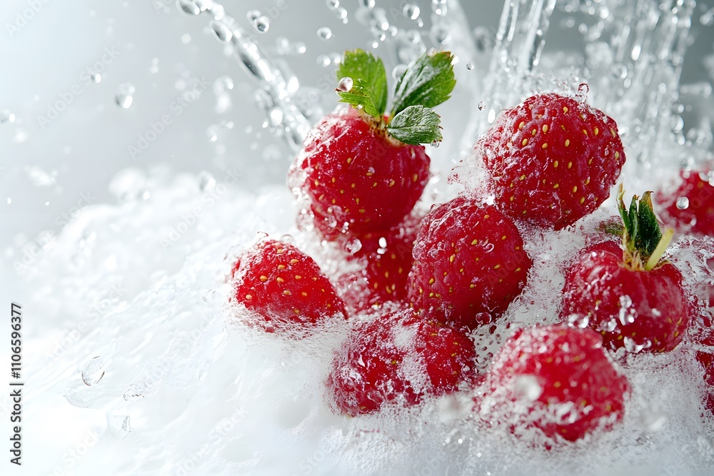 A cluster of strawberries splash in a burst of water A cluster of strawberries splash in a burst of water