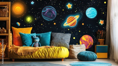 Space-themed wall decals featuring stars, planets, and galaxies in neon hues