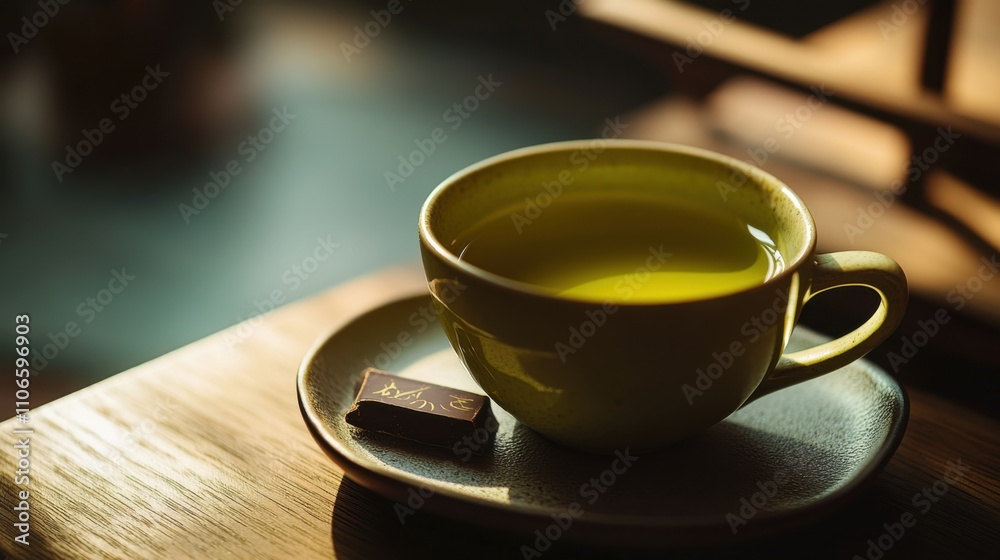 Obraz premium A cup of green tea served in a minimalist ceramic mug, Minimalist tea shop setting, Cup centered