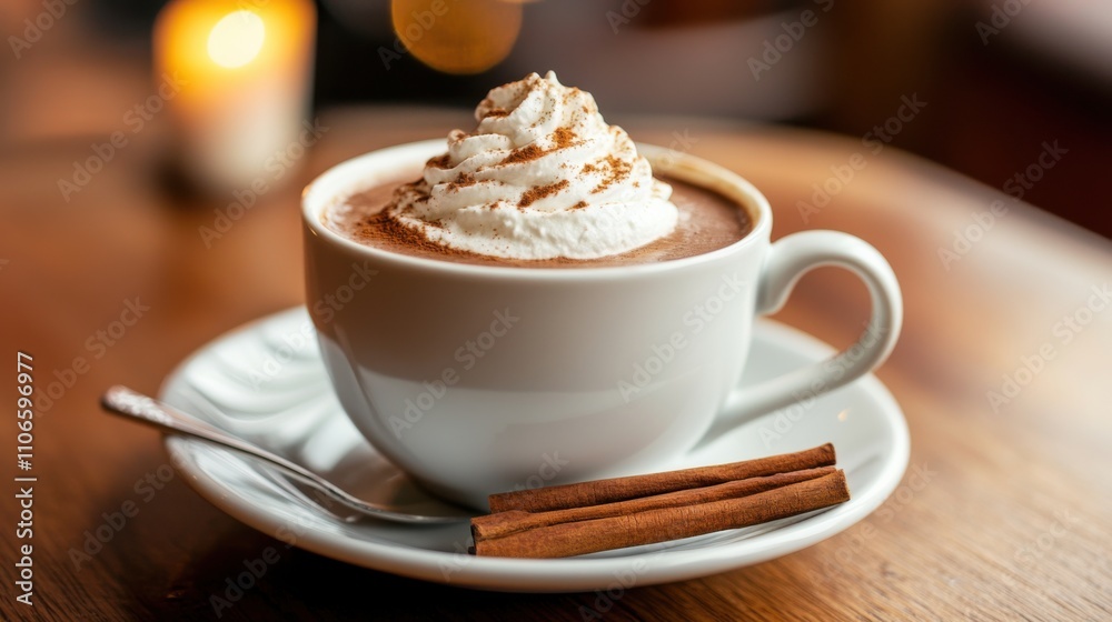 A cup of rich hot chocolate topped with a dollop of whipped cream, Minimalist cafe setting, Cup centered A cup of rich hot chocolate topped with a dollop of whipped cream, Minimalist cafe setting, Cup centered