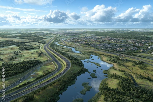 A satellite view showing a highway with real-time traffic conditions and directional arrows, temperature updates, and an analysis of current weather.