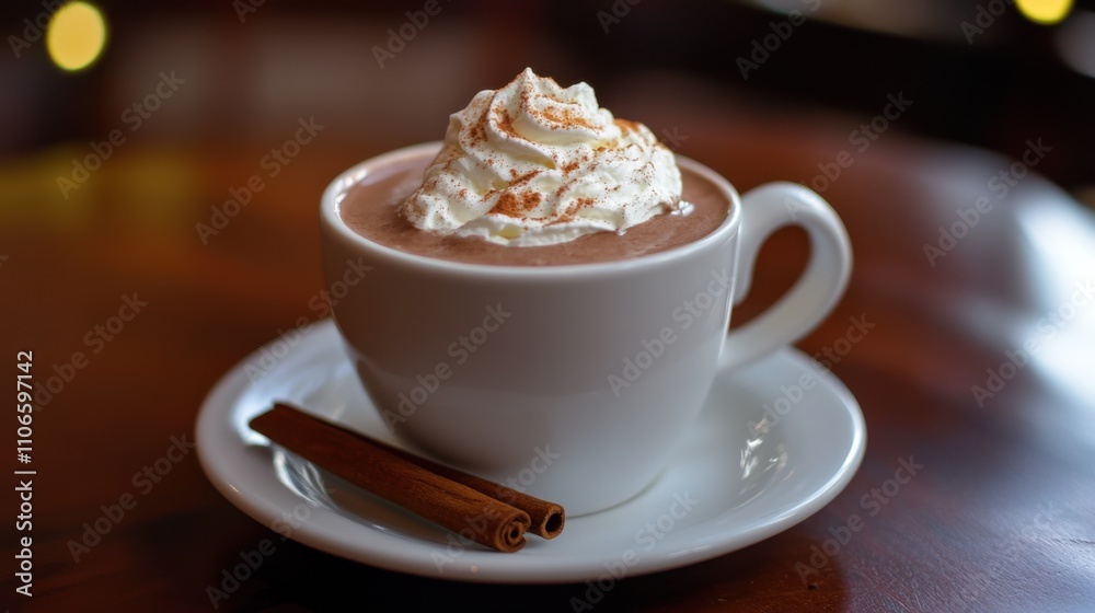 A cup of rich hot chocolate topped with a dollop of whipped cream, Minimalist cafe setting, Cup centered