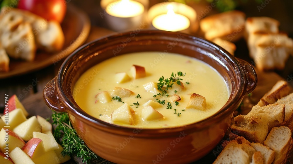 A decadent cheese fondue bubbling in a ceramic pot, surrounded by cubes of crusty bread and sliced apples for dipping, Fondue pot centered A decadent cheese fondue bubbling in a ceramic pot, surrounded by cubes of crusty bread and sliced apples for dipping, Fondue pot centered