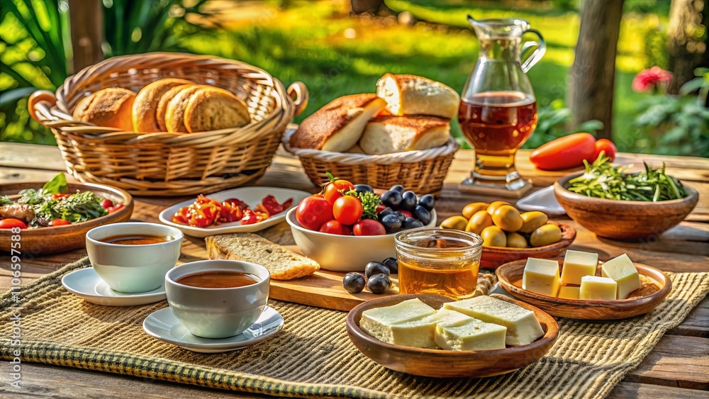 Fototapeta premium A rustic picnic table adorned with a medley of freshly baked bread, vibrant cherry tomatoes, succulent olives, and a sweet, golden honey