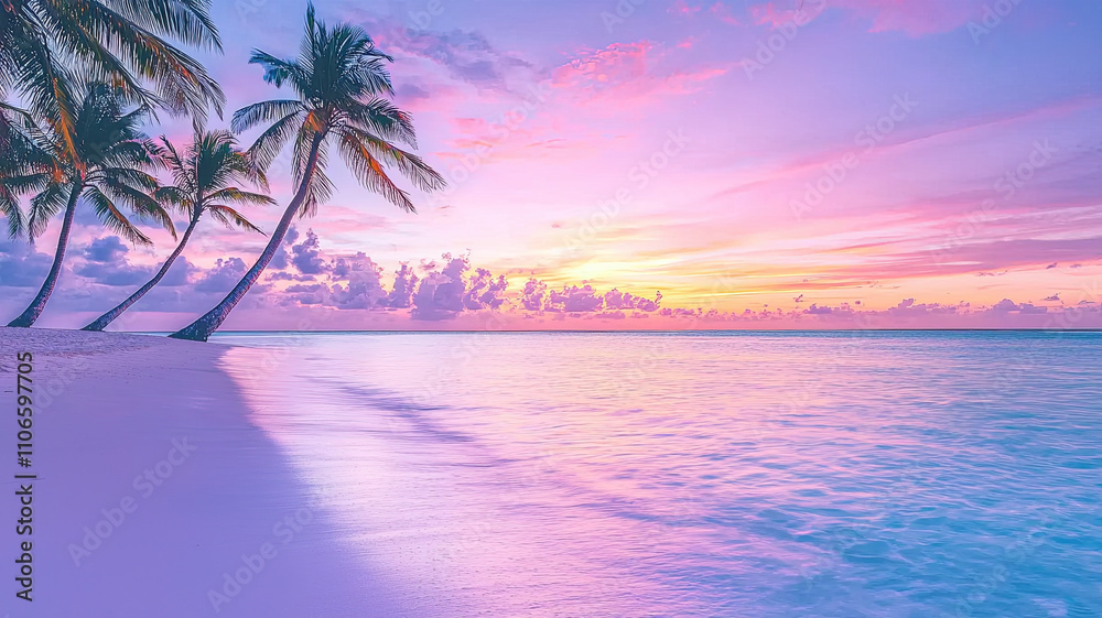 Tropical beach with palm trees at sunset, serene atmosphere Tropical beach with palm trees at sunset, serene atmosphere