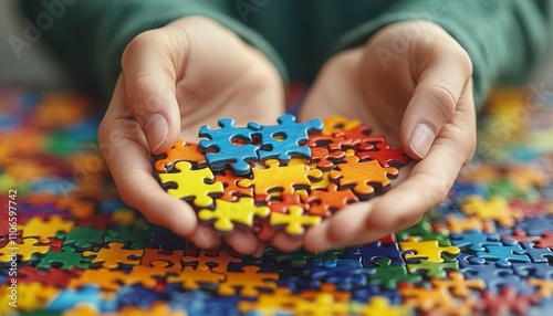 Hands Cradling Colorful Puzzle Pieces in Heart Shape