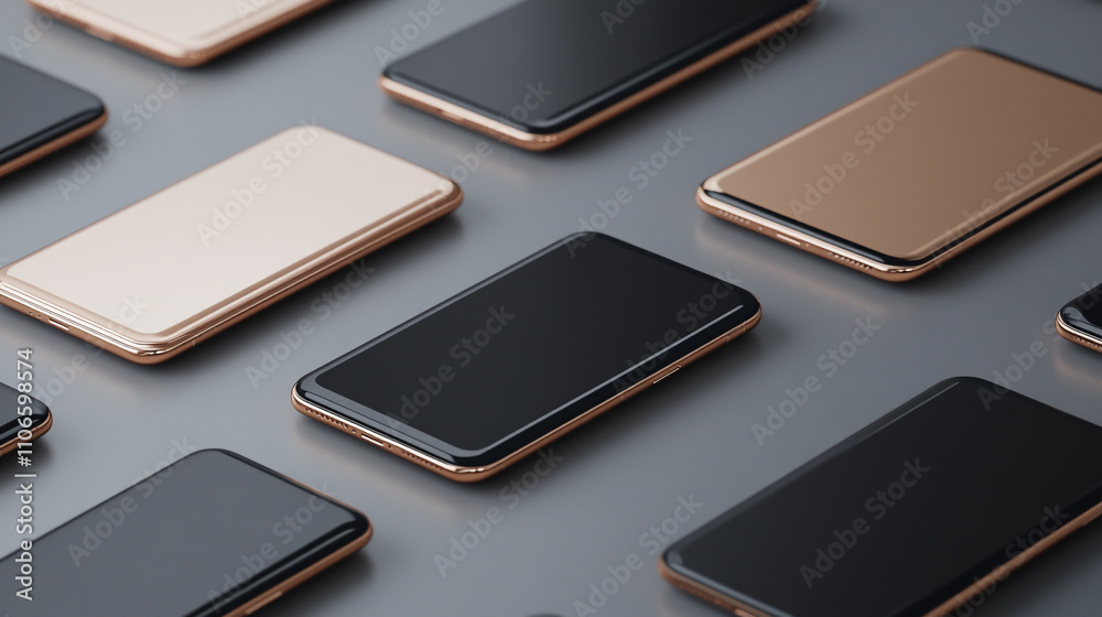Various smartphone designs arranged on a flat surface showcasing modern technology and style Various smartphone designs arranged on a flat surface showcasing modern technology and style