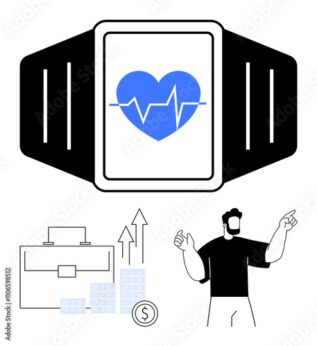 Smartwatch displaying a heartbeat, business briefcase, financial chart with coins and arrows, and person presenting. Ideal for fitness, health, business growth, finance, presentation technology