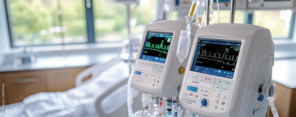 Medical monitors display patient data in a hospital setting, showcasing advanced medical technology for health monitoring and care. Medical monitors display patient data in a hospital setting, showcasing advanced medical technology for health monitoring and care.