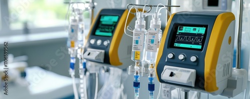 A close-up view of medical infusion pumps displaying digital screens, used for administering fluids in a clinical setting.