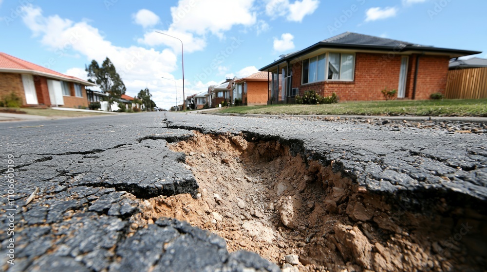 A close-up view of a deep crevice running through a suburban street, revealing layers of earth below.