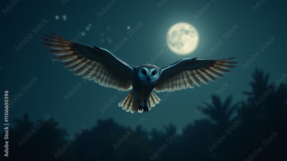 Naklejka premium A dramatic and graceful portrayal of an owl in flight, gliding through the night sky. The moonlit backdrop and quiet, fluid motion of the owl capture its power and mystery as a nocturnal predator.