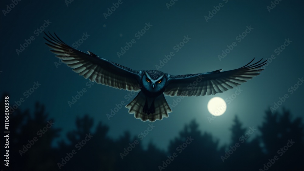 Obraz premium A dramatic and graceful portrayal of an owl in flight, gliding through the night sky. The moonlit backdrop and quiet, fluid motion of the owl capture its power and mystery as a nocturnal predator.