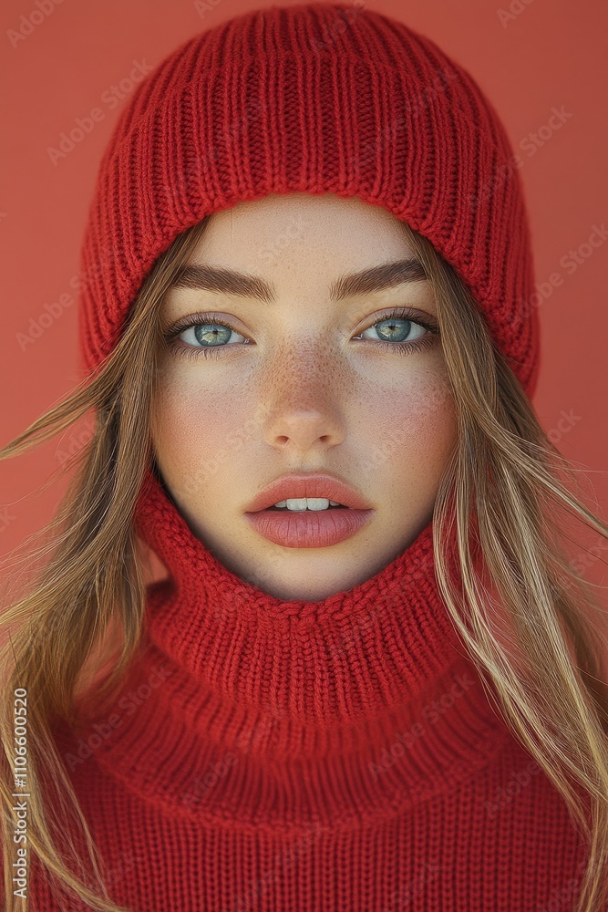 Beautiful young woman with captivating blue eyes wearing a red knitted sweater and hat Beautiful young woman with captivating blue eyes wearing a red knitted sweater and hat
